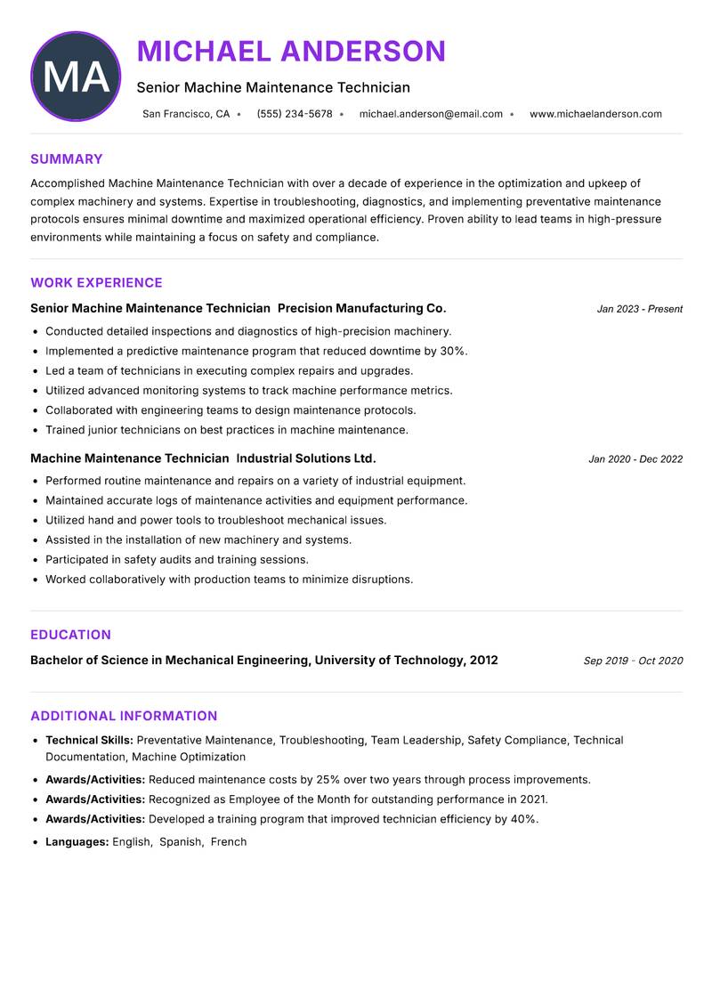 Machine Maintenance Technician resume example — ATS-friendly template