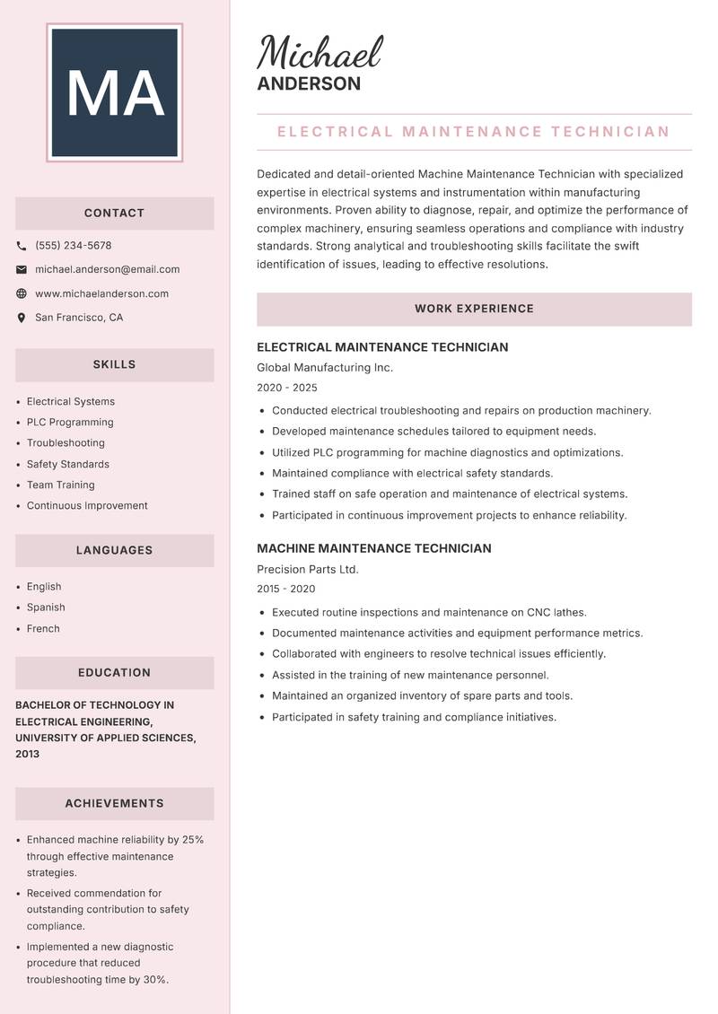 Machine Maintenance Technician resume template — Executive