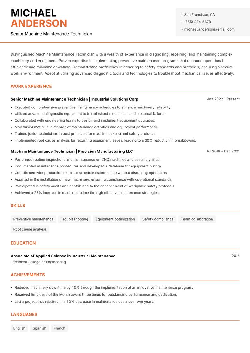 Machine Maintenance Technician resume template — Modern Professional