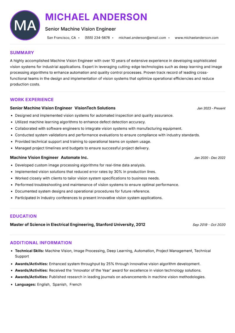 Machine Vision Engineer resume example — ATS-friendly template