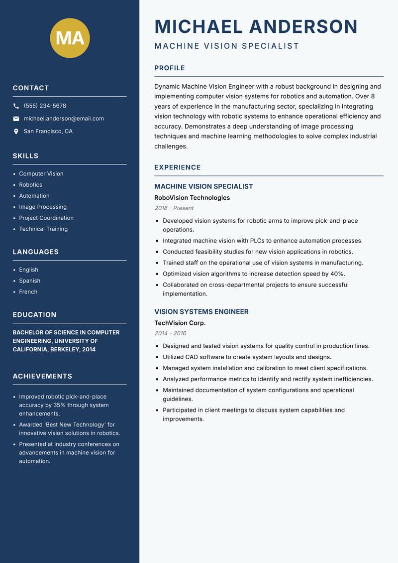 Machine Vision Engineer resume template — Classic Clean