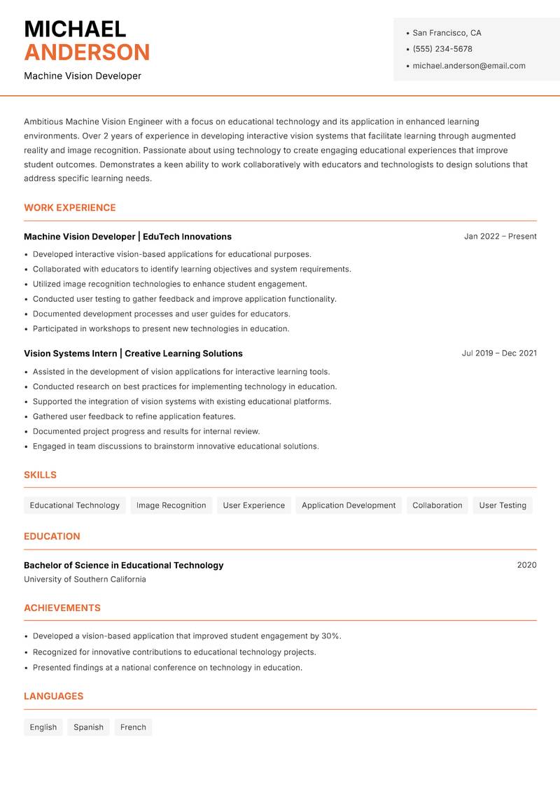 Machine Vision Engineer resume template — Modern Professional