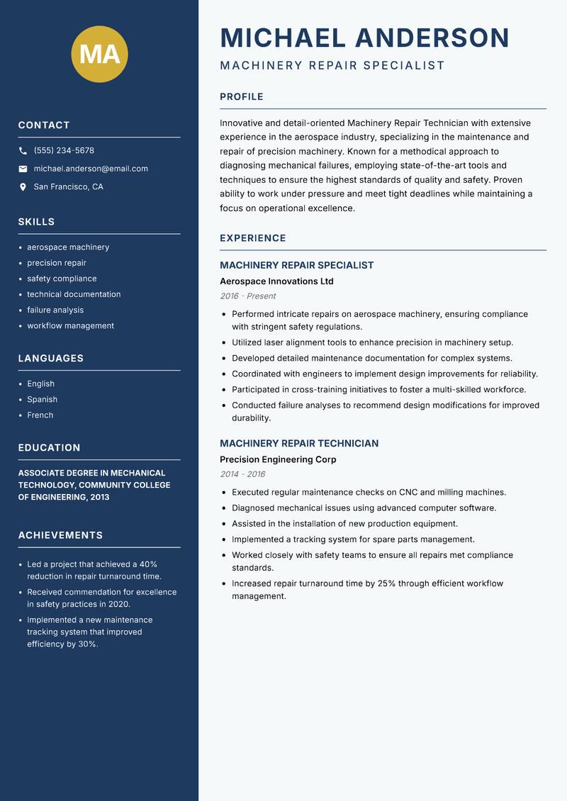 Machinery Repair Technician resume template — Classic Clean