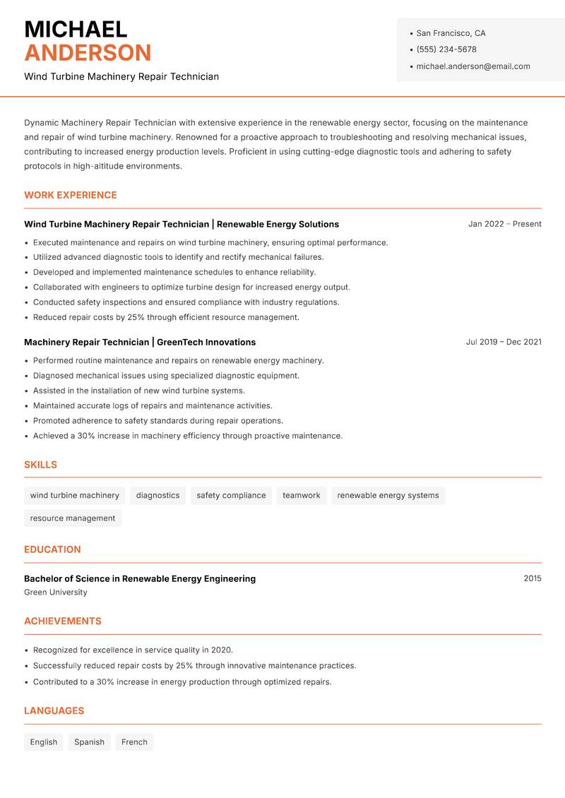 Machinery Repair Technician resume template — Modern Professional