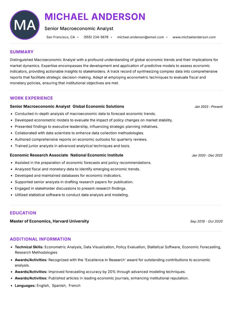 Macroeconomic Analyst resume example — ATS-friendly template