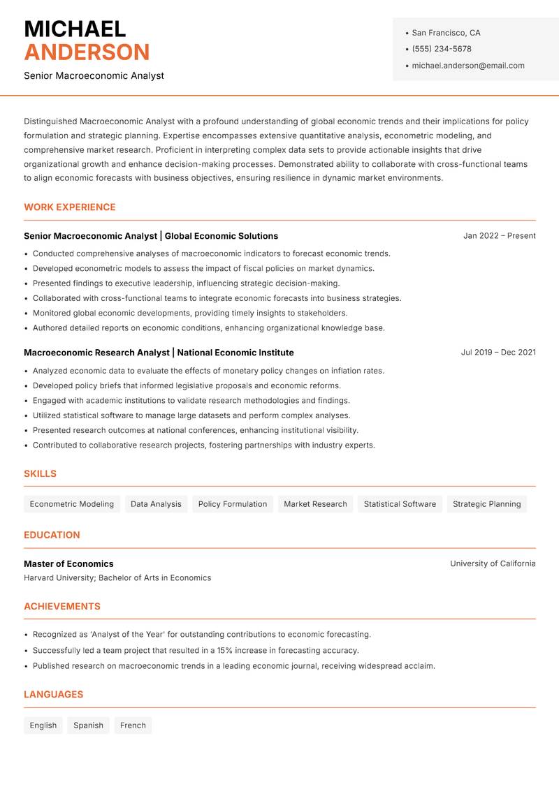 Macroeconomic Analyst resume template — Modern Professional