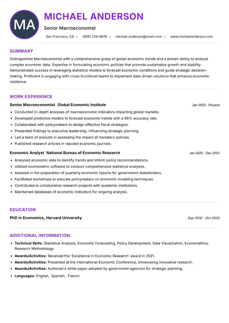 Macroeconomist resume example — ATS-friendly template