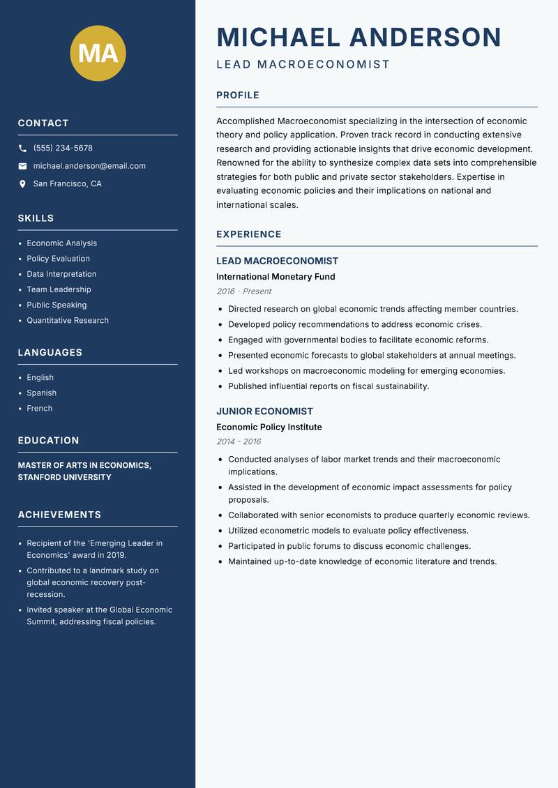 Macroeconomist resume template — Classic Clean