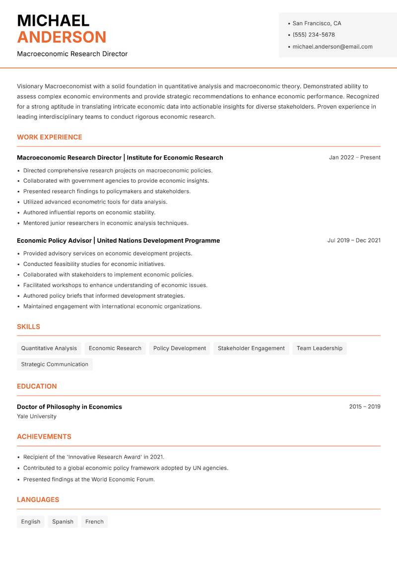 Macroeconomist resume template — Modern Professional