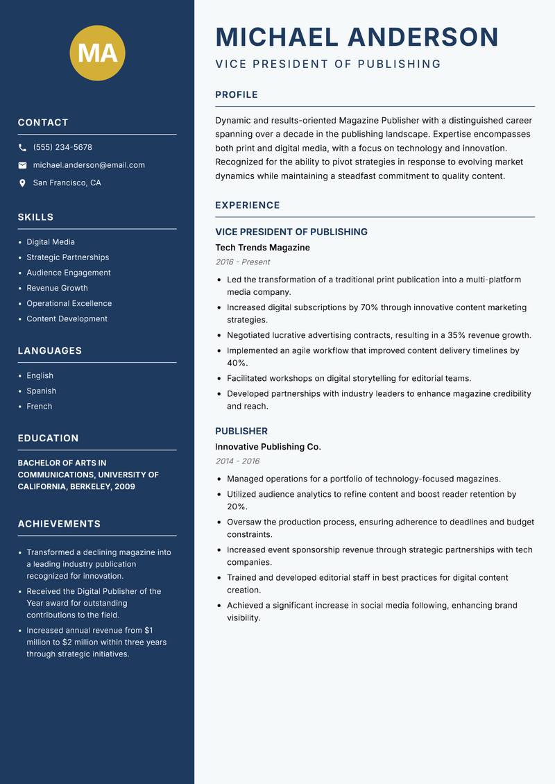 Magazine Publisher resume template — Classic Clean