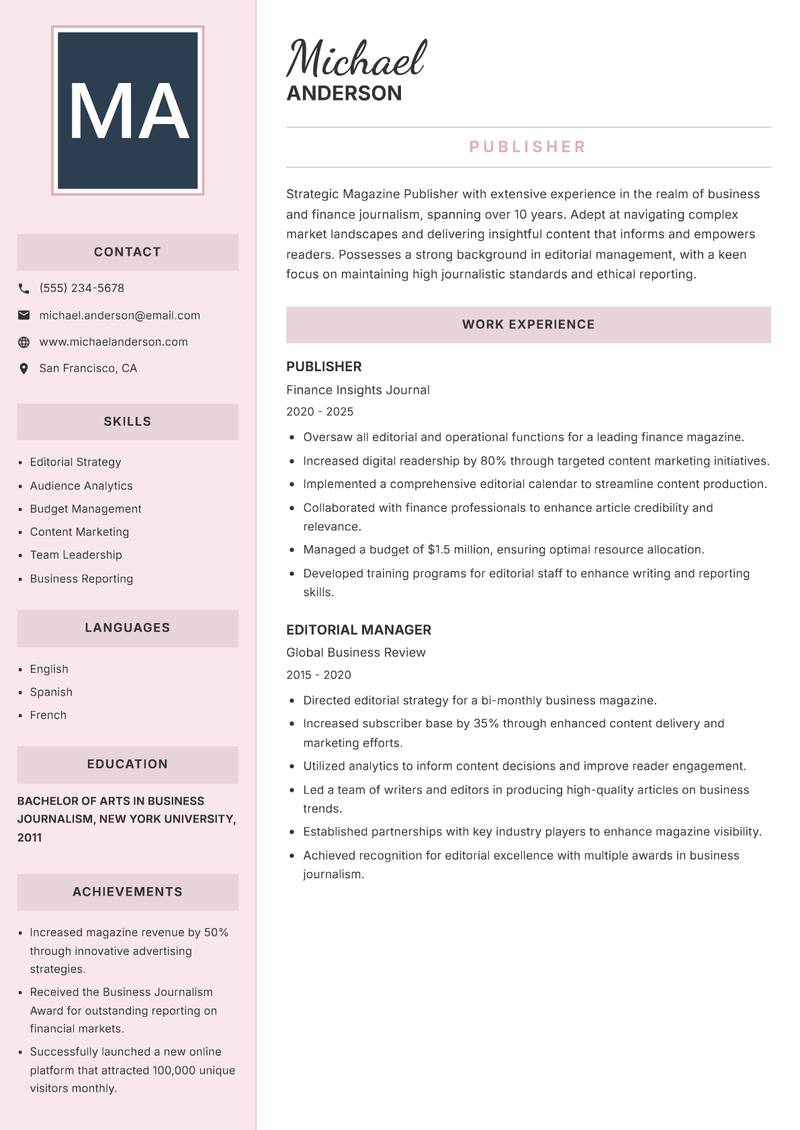 Magazine Publisher resume template — Executive