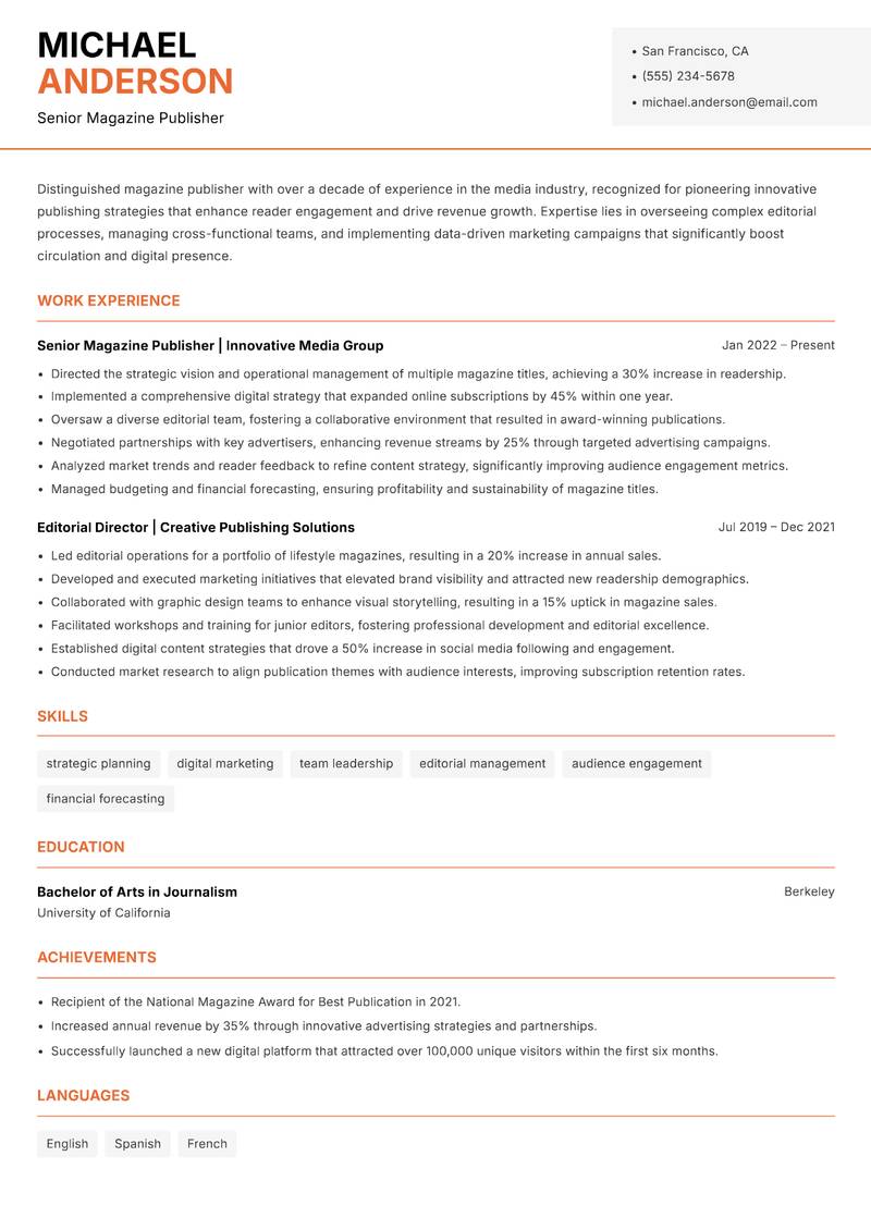 Magazine Publisher resume template — Modern Professional