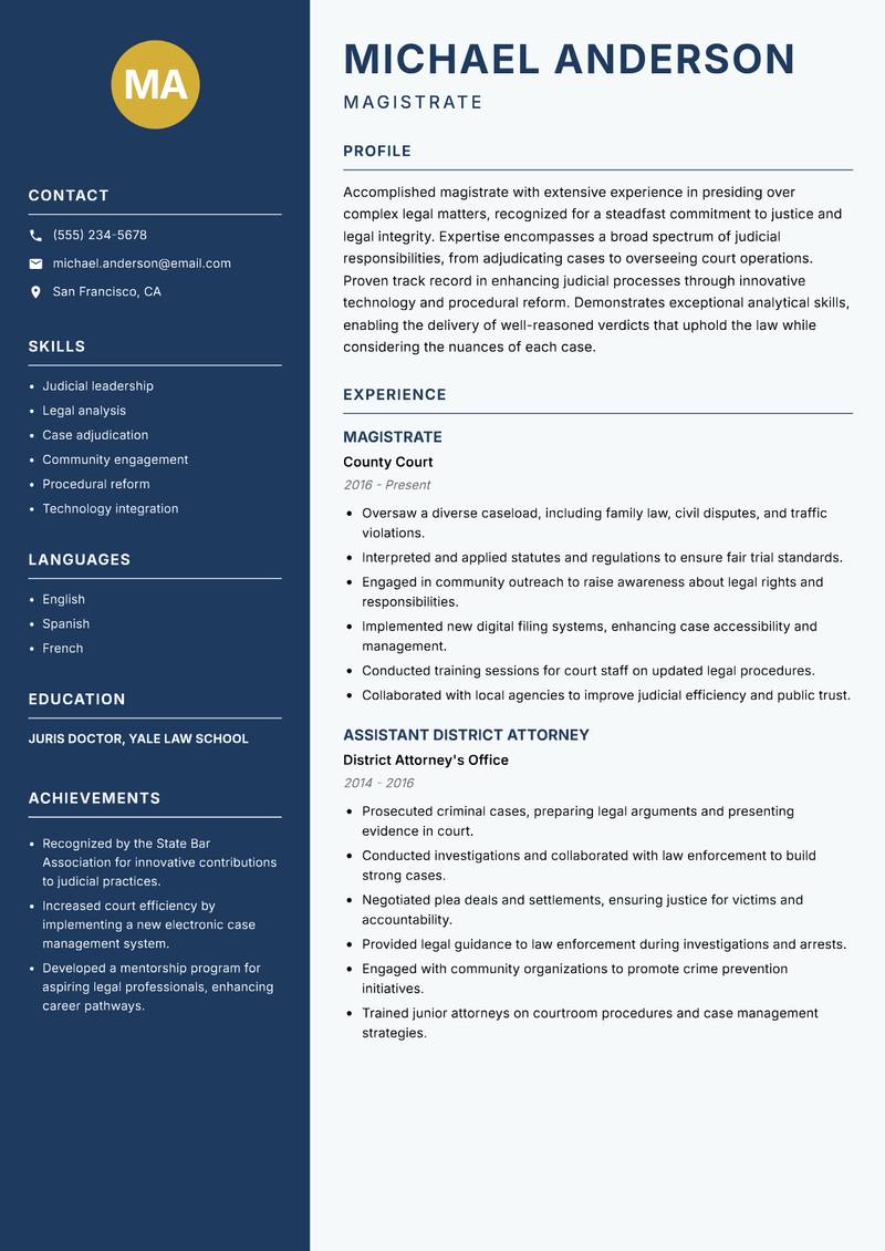 Magistrate resume template — Classic Clean