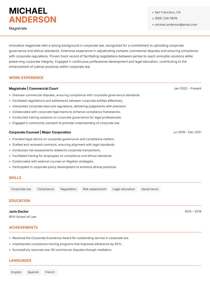 Magistrate resume template — Modern Professional