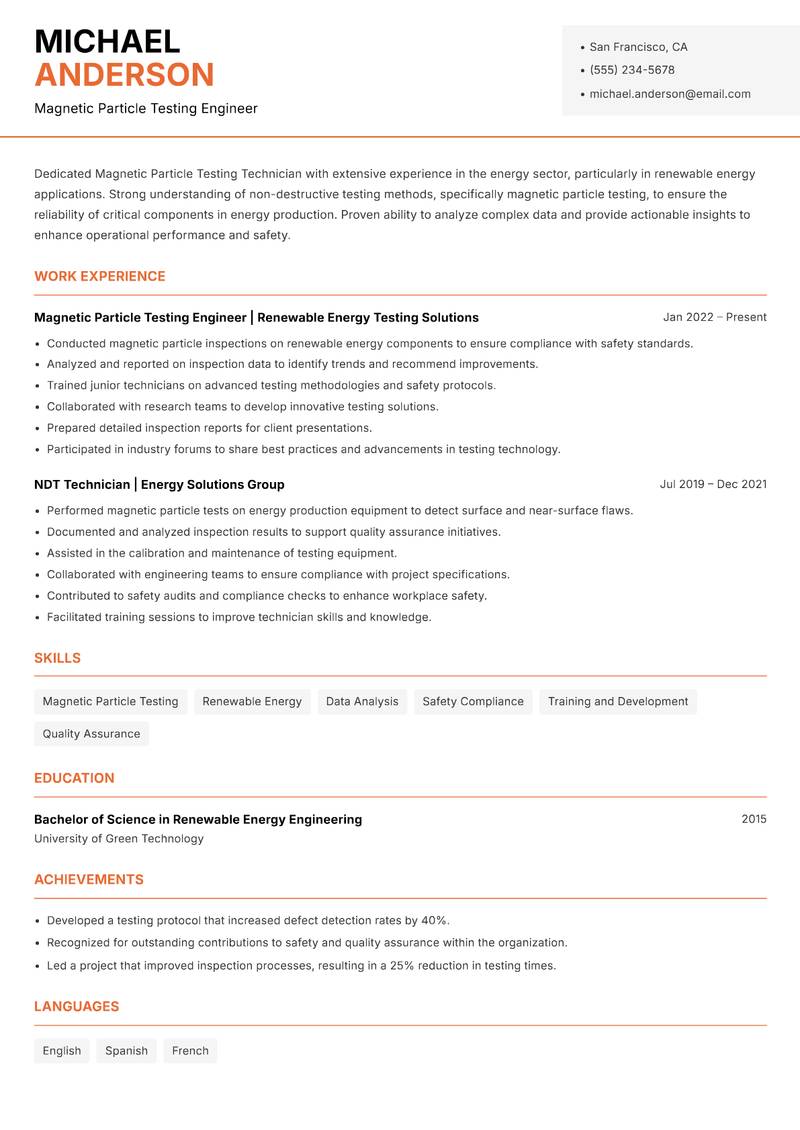 Magnetic Particle Testing Technician resume template — Modern Professional