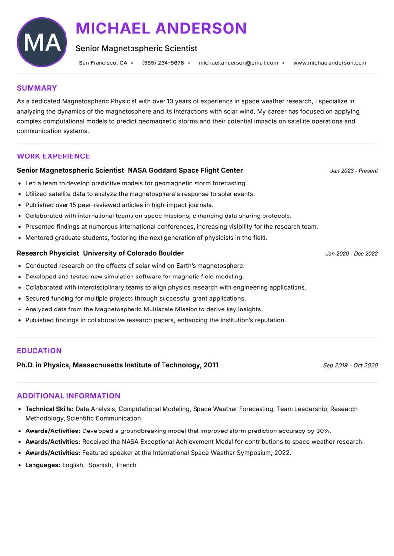 Magnetospheric Physicist resume example — ATS-friendly template
