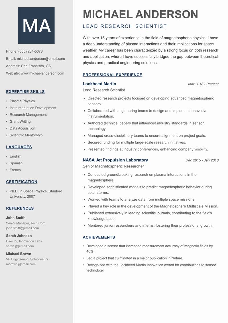 Magnetospheric Physicist resume template — Creative Minimal