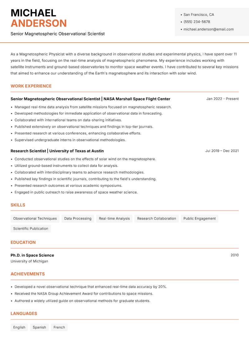 Magnetospheric Physicist resume template — Modern Professional