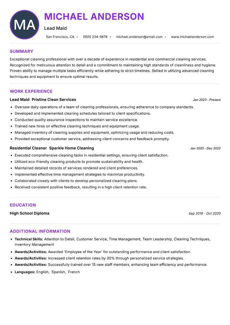 Maid resume example — ATS-friendly template