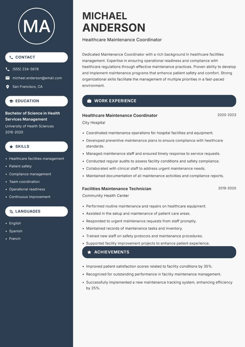 Maintenance Coordinator resume template — Compact