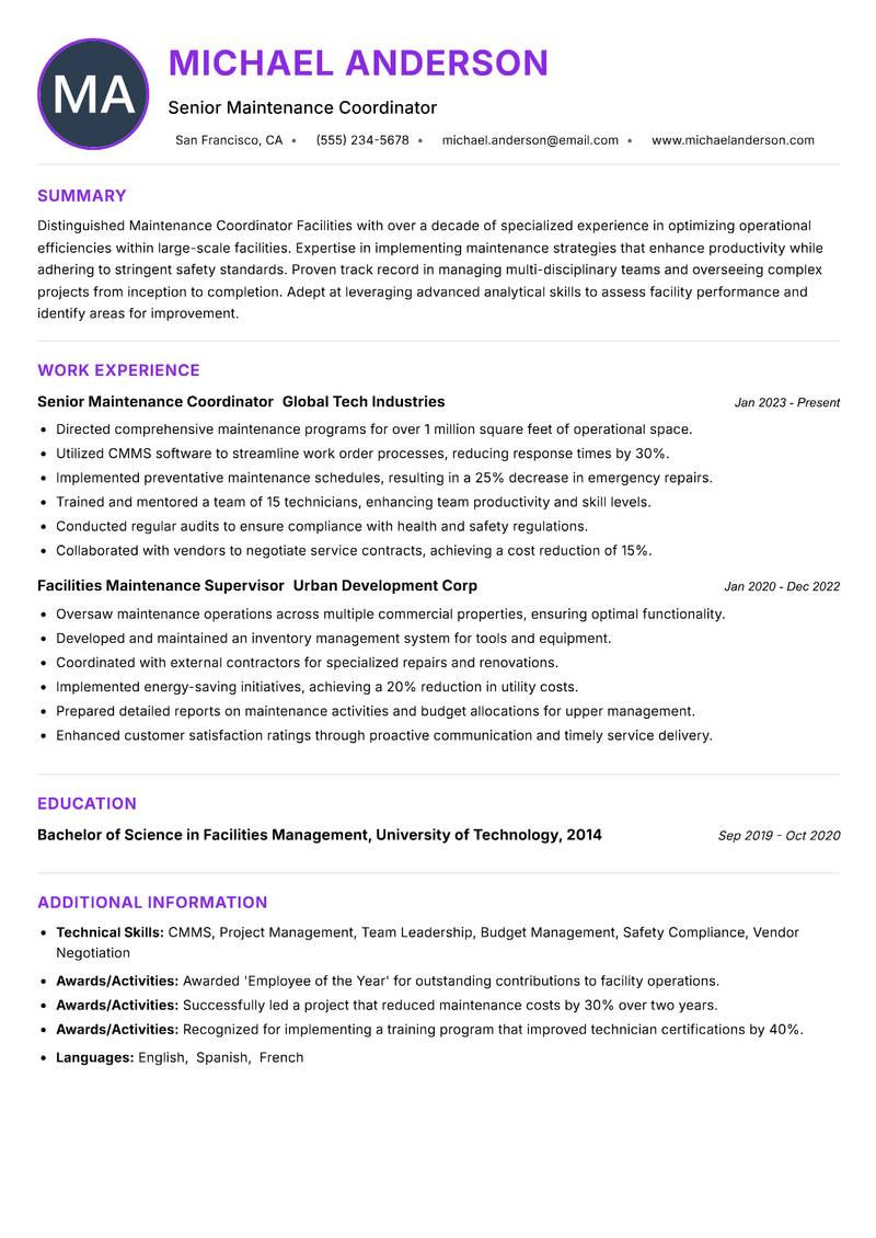 Maintenance Coordinator Facilities resume example — ATS-friendly template