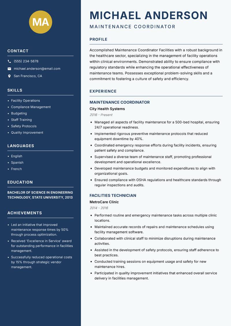 Maintenance Coordinator Facilities resume template — Classic Clean