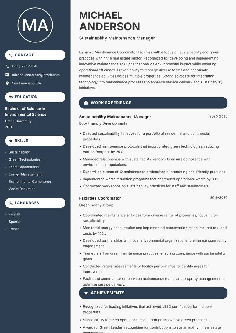 Maintenance Coordinator Facilities resume template — Compact