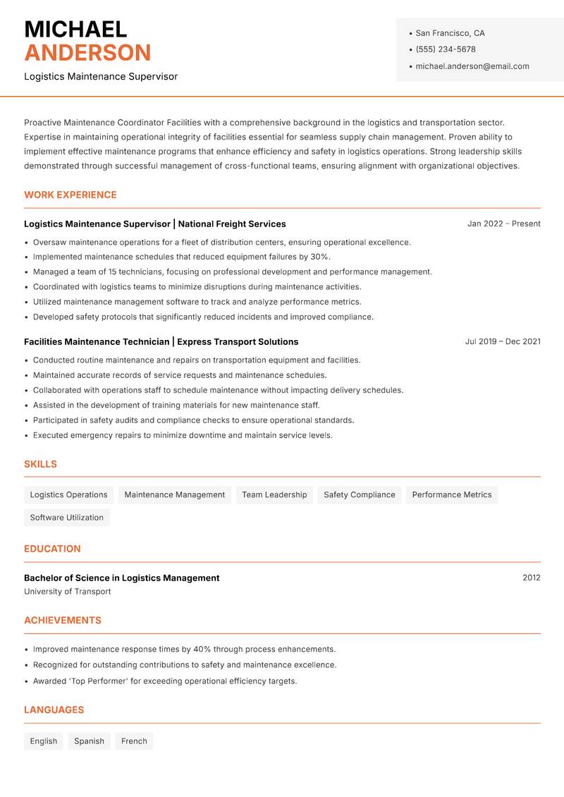 Maintenance Coordinator Facilities resume template — Modern Professional