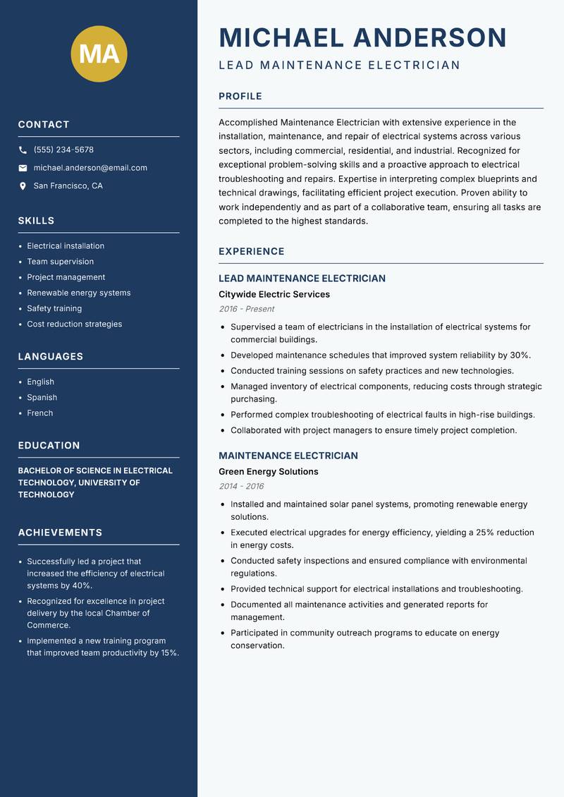 Maintenance Electrician resume template — Classic Clean