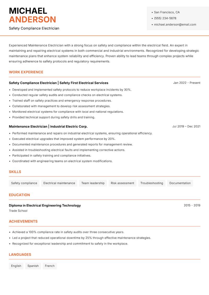 Maintenance Electrician resume template — Modern Professional