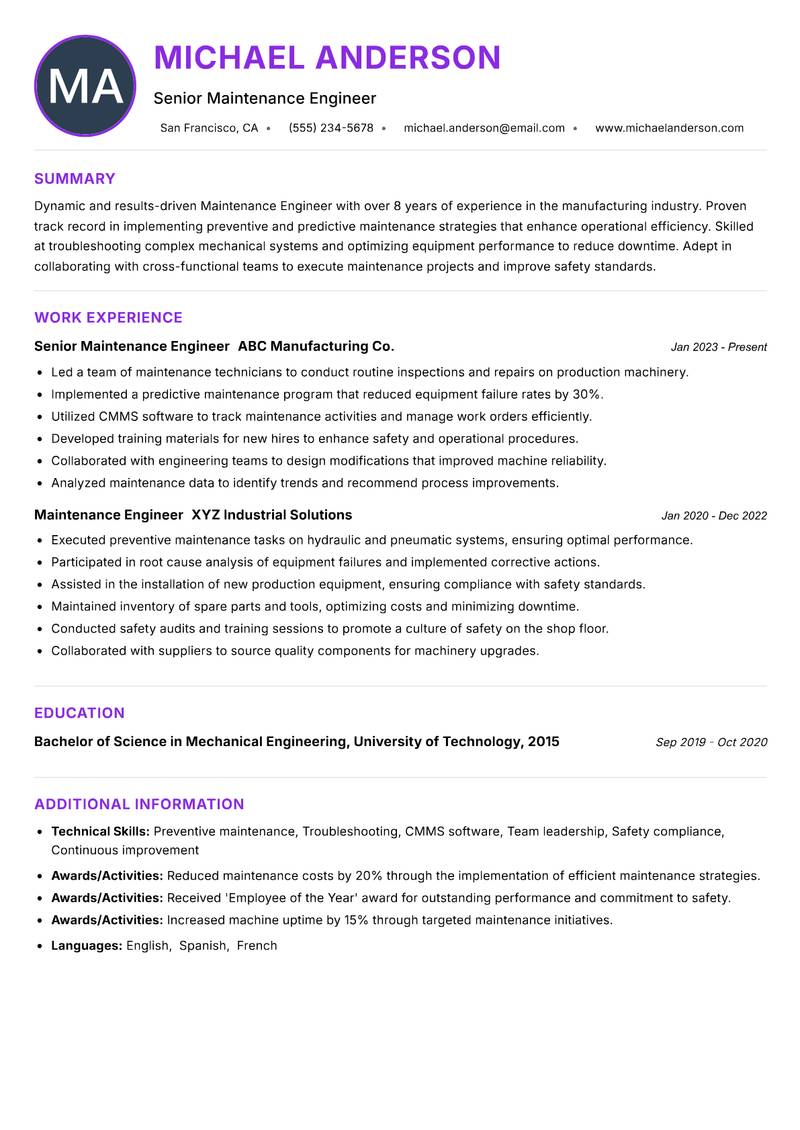 Maintenance Engineer resume example — ATS-friendly template