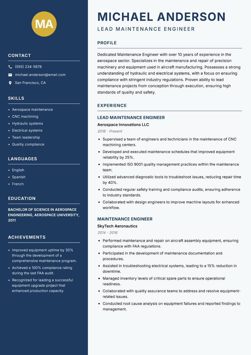 Maintenance Engineer resume template — Classic Clean
