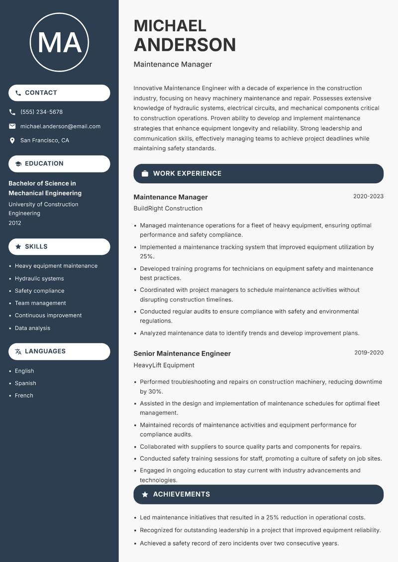 Maintenance Engineer resume template — Compact
