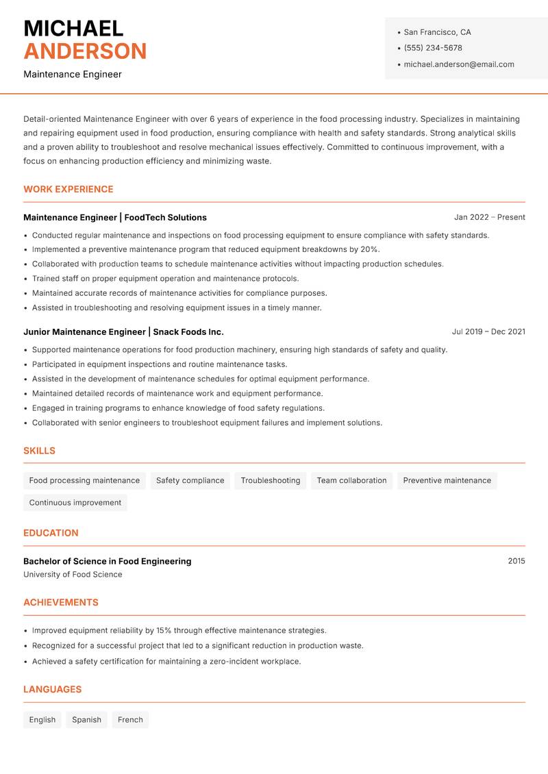 Maintenance Engineer resume template — Modern Professional