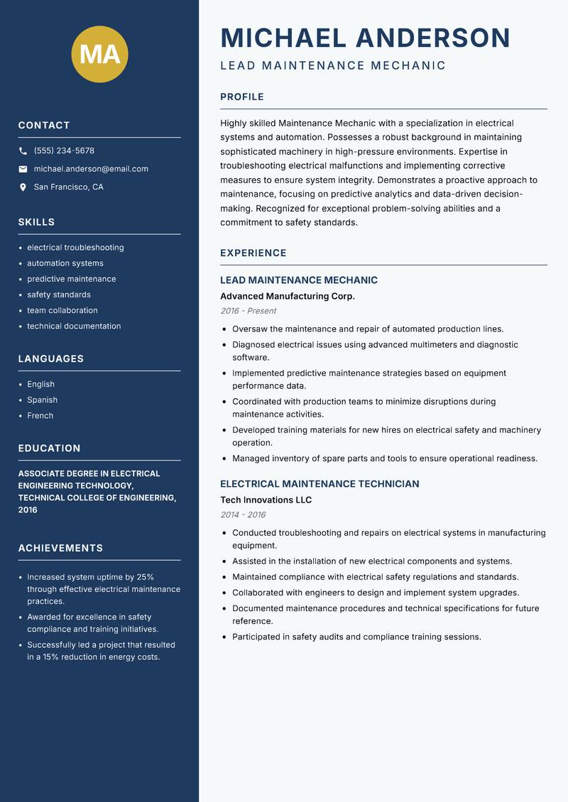 Maintenance Mechanic resume template — Classic Clean