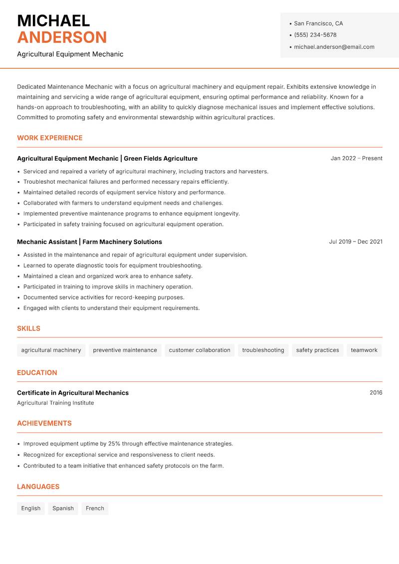 Maintenance Mechanic resume template — Modern Professional