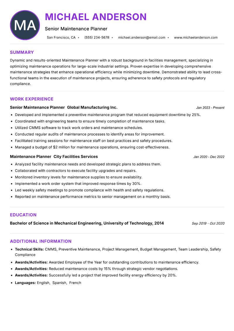 Maintenance Planner Facilities resume example — ATS-friendly template