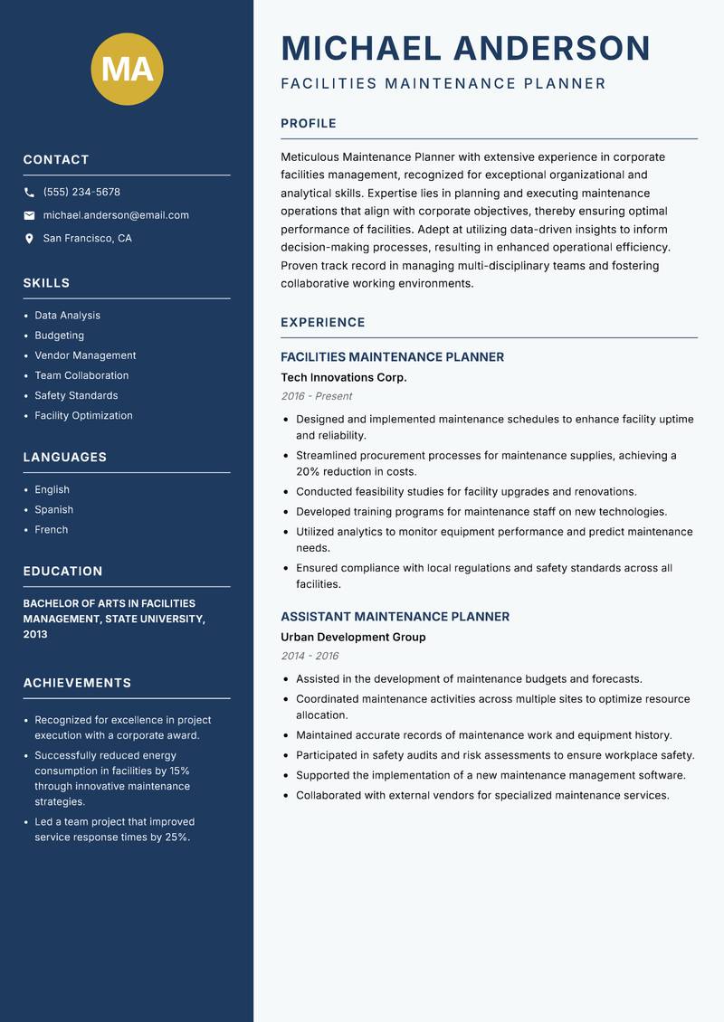 Maintenance Planner Facilities resume template — Classic Clean