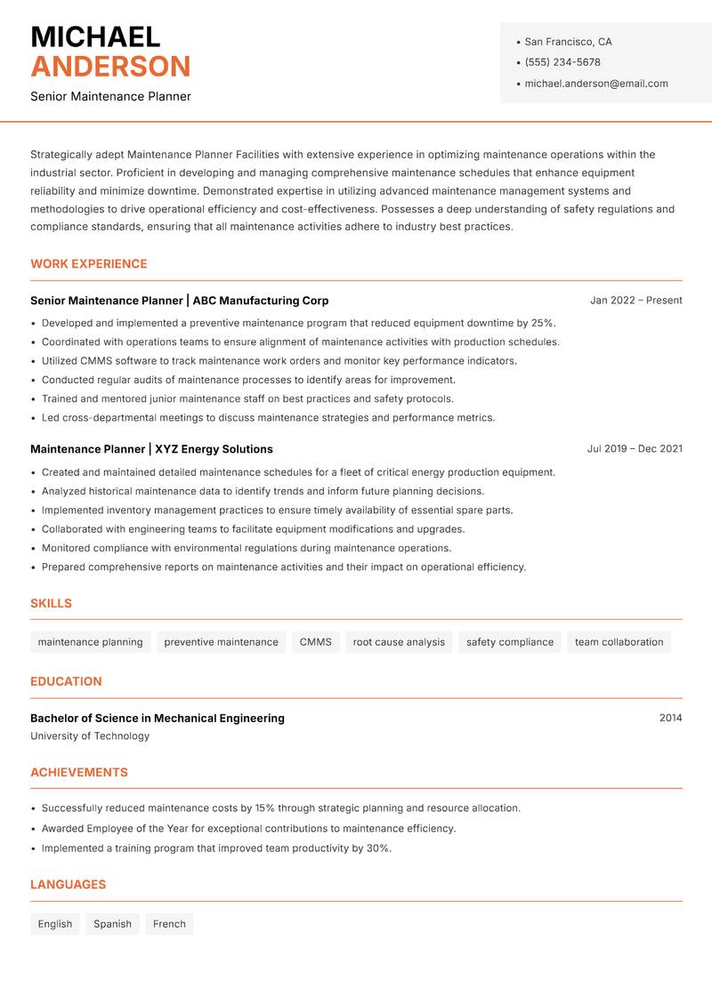 Maintenance Planner Facilities resume template — Modern Professional