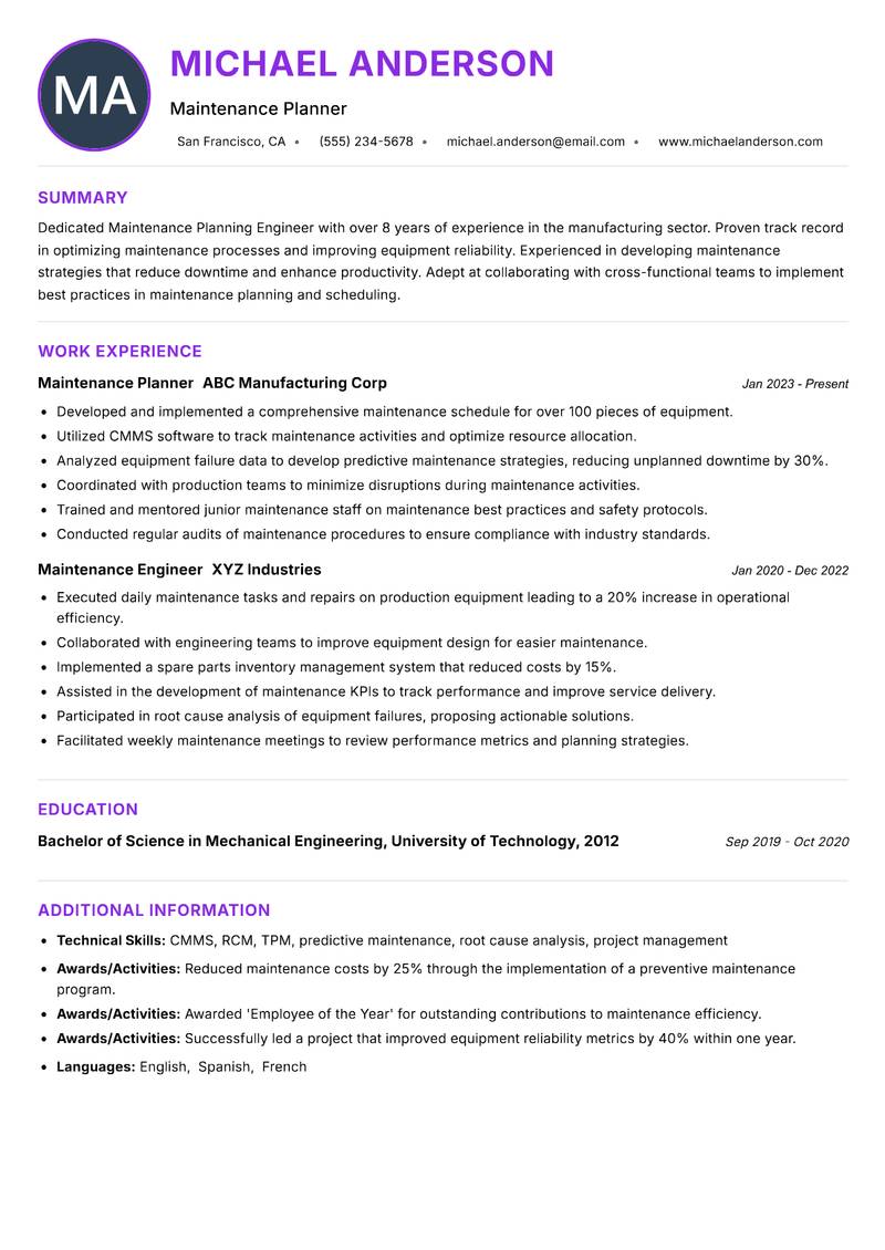 Maintenance Planning Engineer resume example — ATS-friendly template