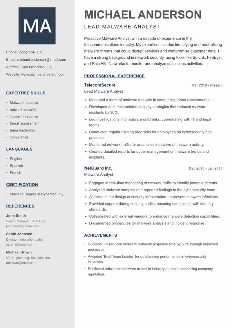 Malware Analyst resume template — Creative Minimal