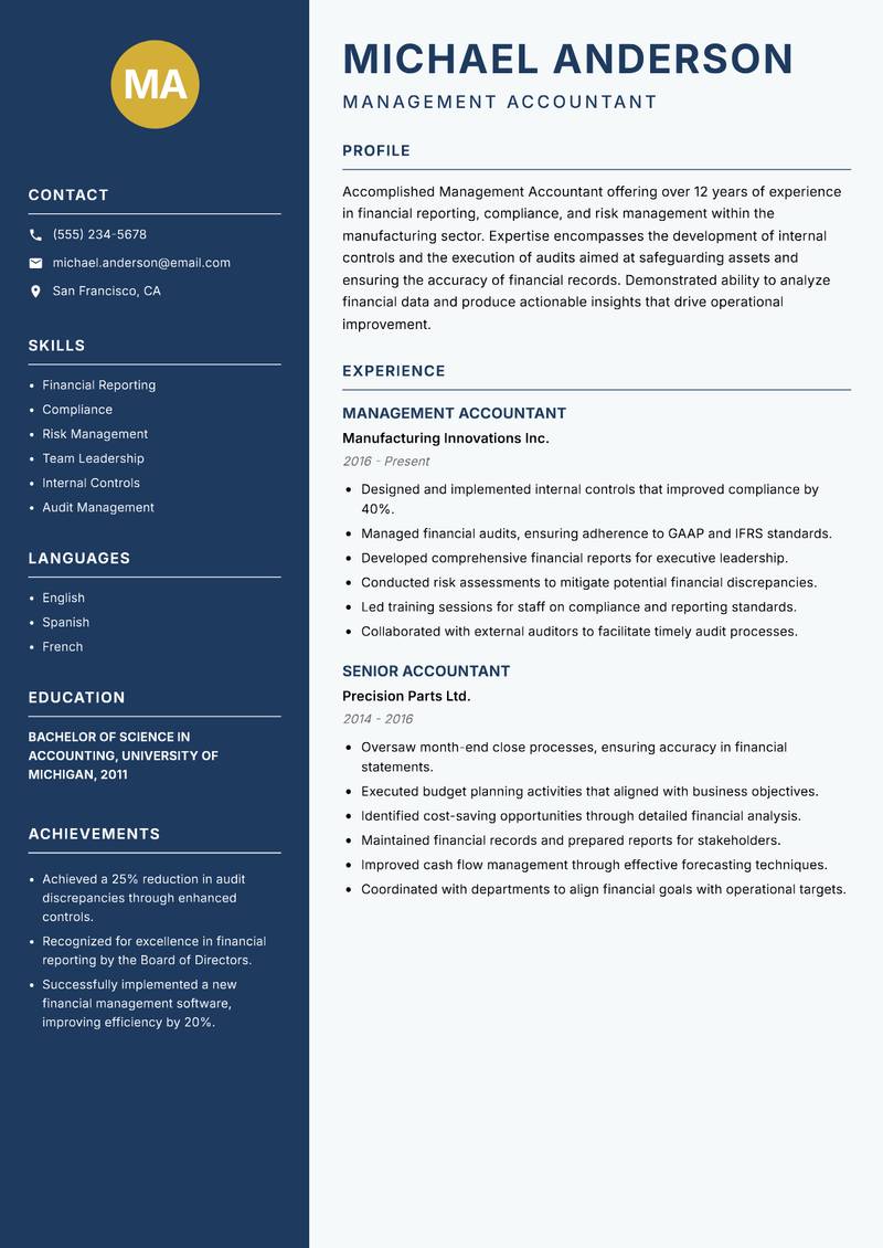 Management Accountant resume template — Classic Clean