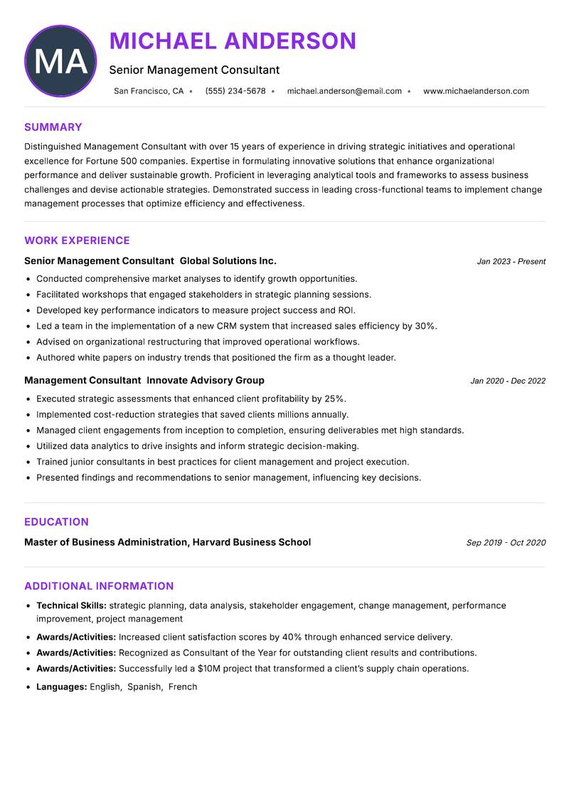 Management Consultant resume example — ATS-friendly template