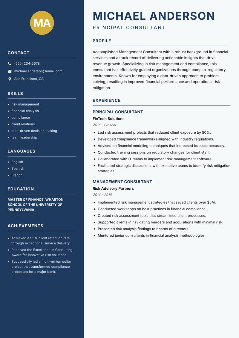 Management Consultant resume template — Classic Clean