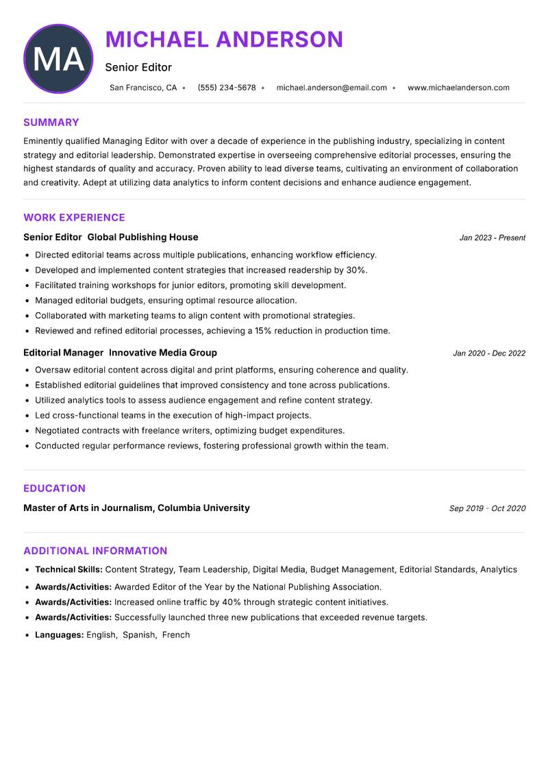 Managing Editor resume example — ATS-friendly template