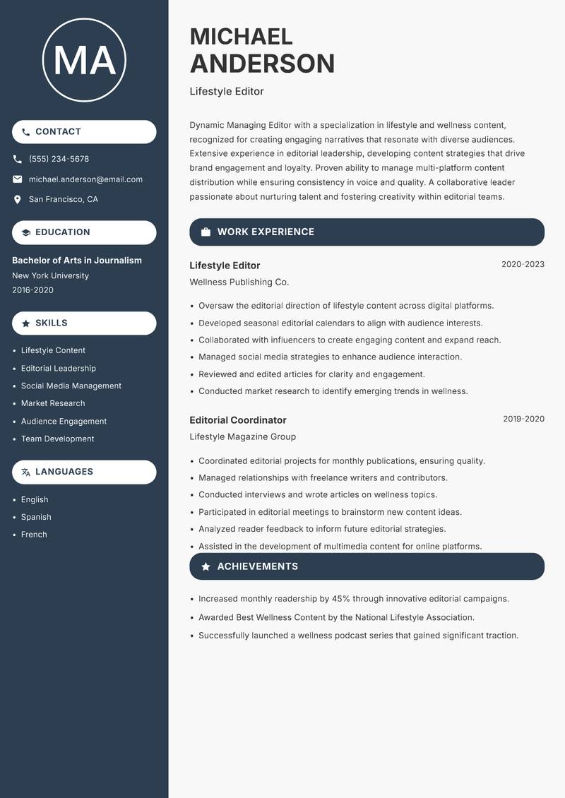 Managing Editor resume template — Compact
