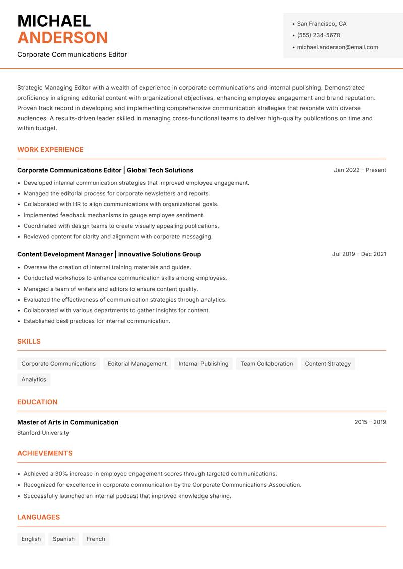 Managing Editor resume template — Modern Professional