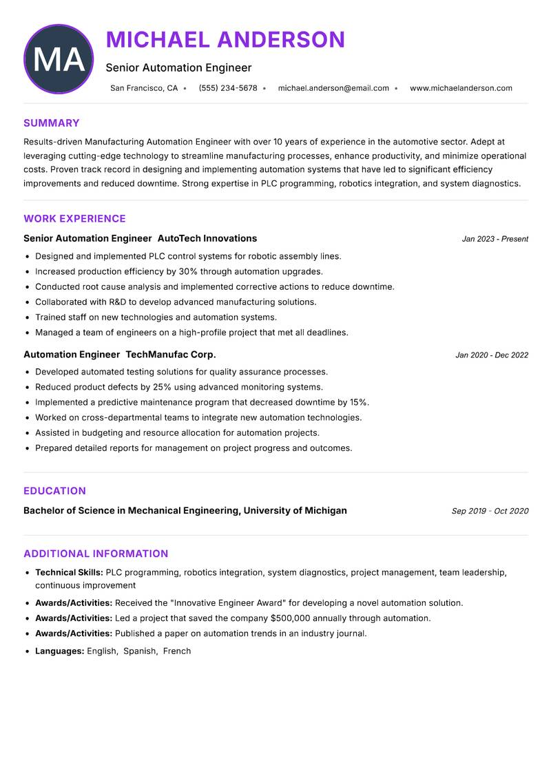 Manufacturing Automation Engineer resume example — ATS-friendly template