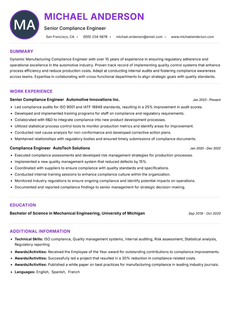 Manufacturing Compliance Engineer resume example — ATS-friendly template