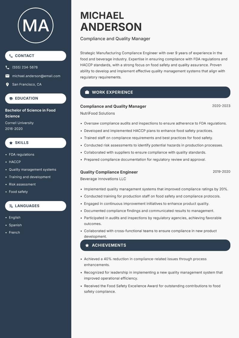 Manufacturing Compliance Engineer resume template — Compact